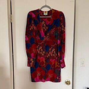 FARM Rio Bold Floral Long-Sleeve Dress — Red, Pink & Blue
